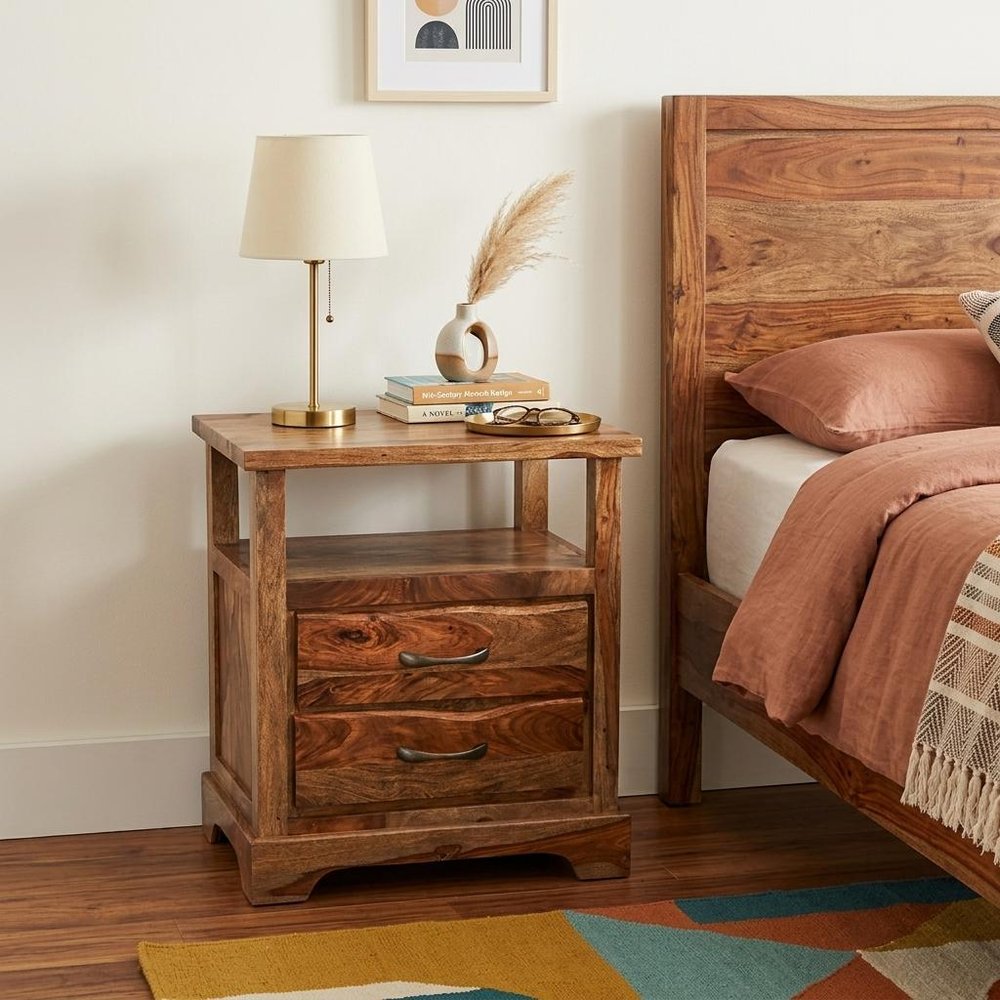 Brown Solid Wood Two Drawer Nightstand - 27-inch