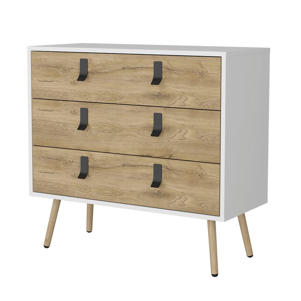 White and Natural Wood Three Drawer Dresser - 32-inch
