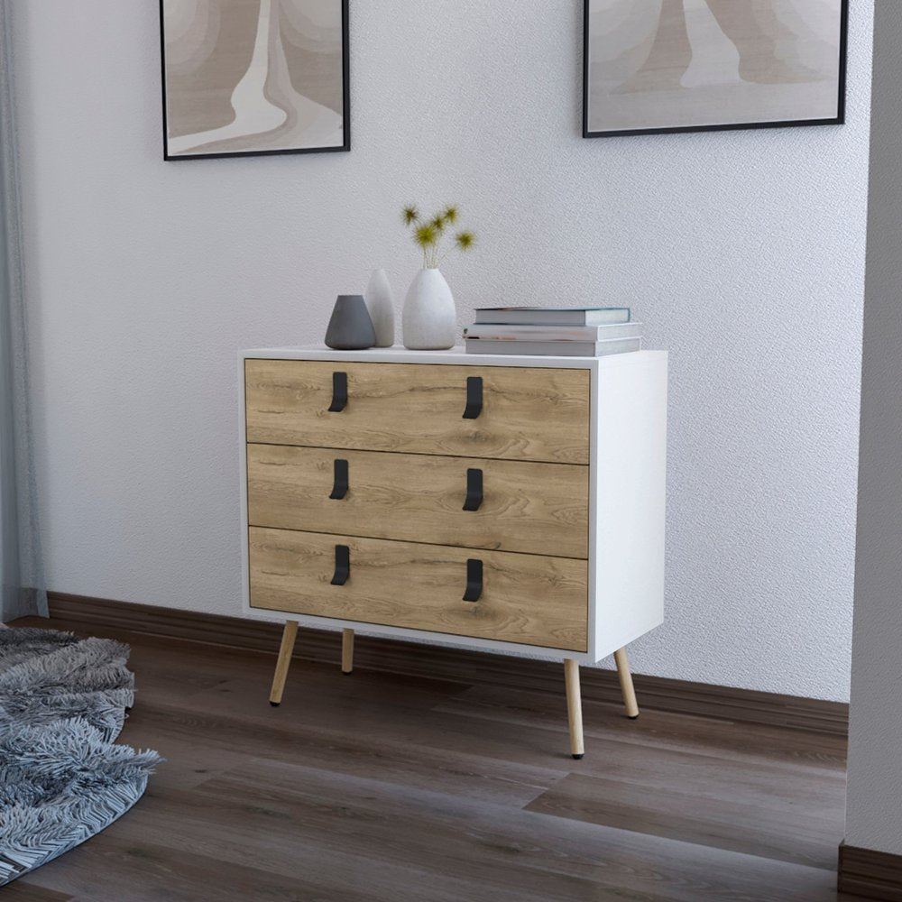 White and Natural Wood Three Drawer Dresser - 32-inch