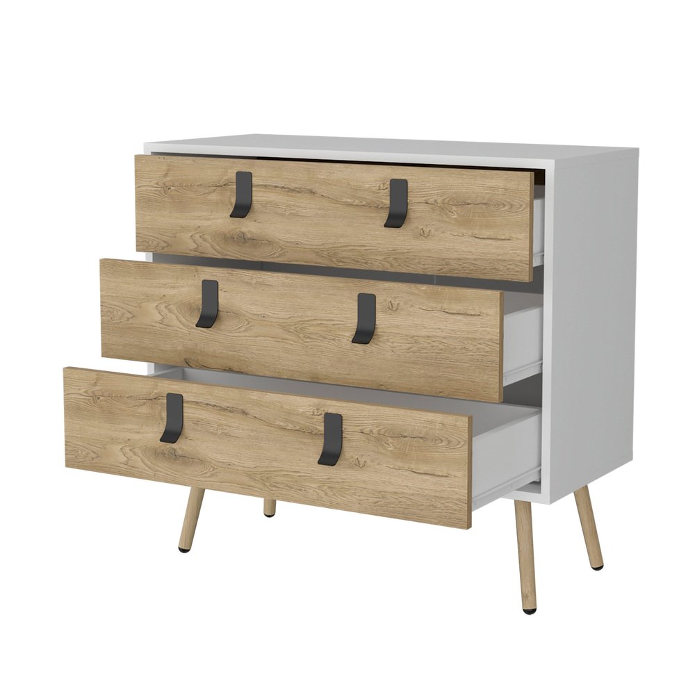 White and Natural Wood Three Drawer Dresser - 32-inch