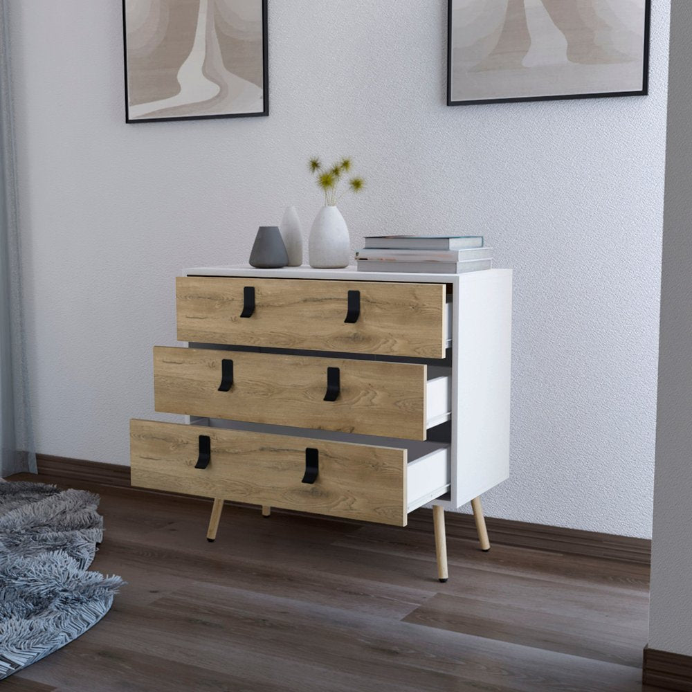 White and Natural Wood Three Drawer Dresser - 32-inch