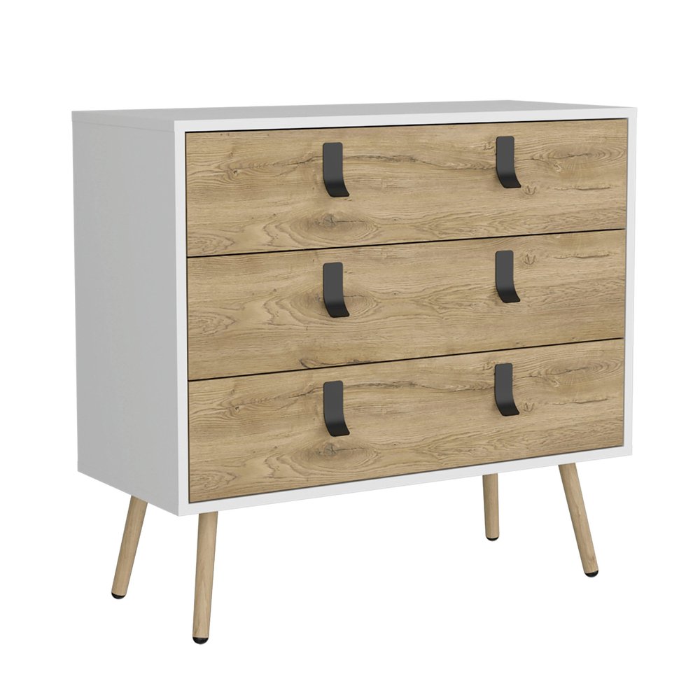 White and Natural Wood Three Drawer Dresser - 32-inch