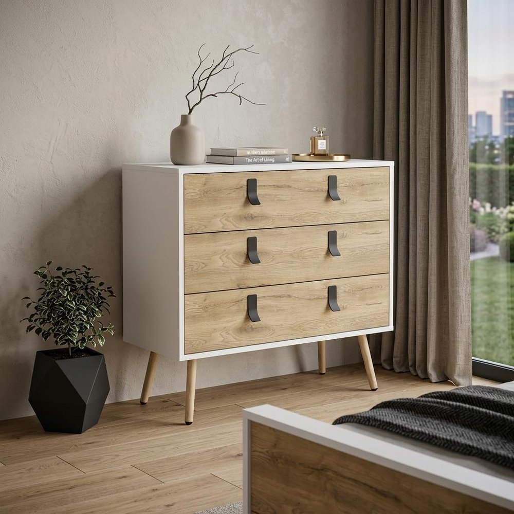 White and Natural Wood Three Drawer Dresser - 32-inch