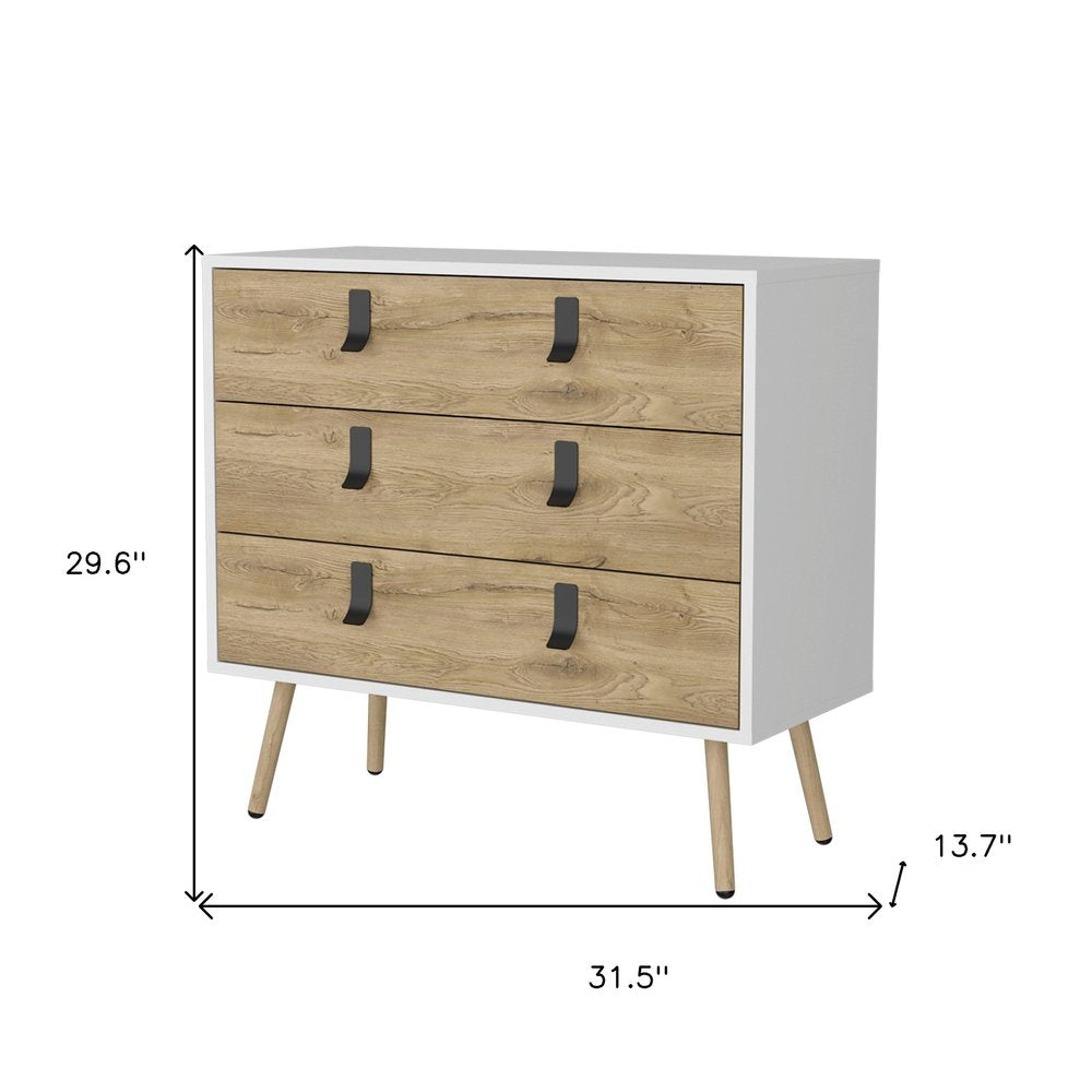 White and Natural Wood Three Drawer Dresser - 32-inch