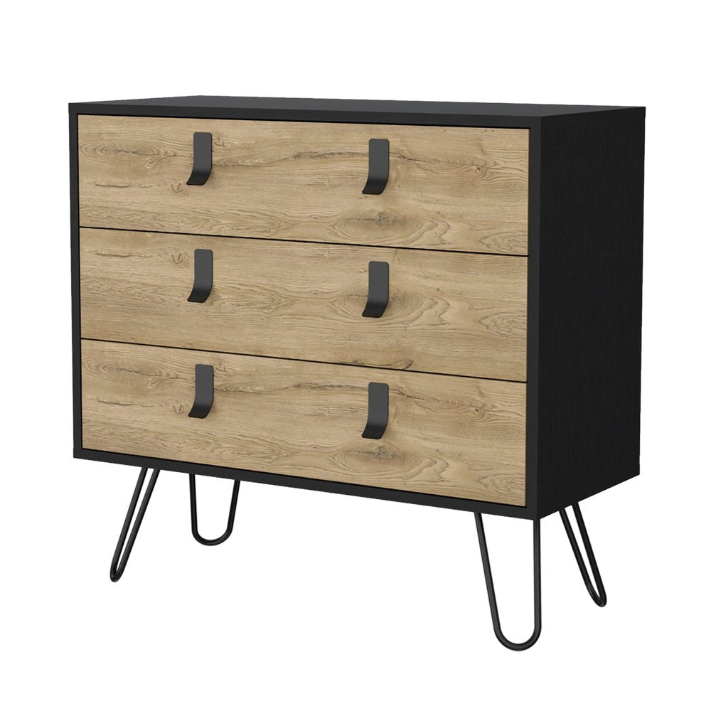 Natural and Black Wood Three Drawer Dresser - 32-inch