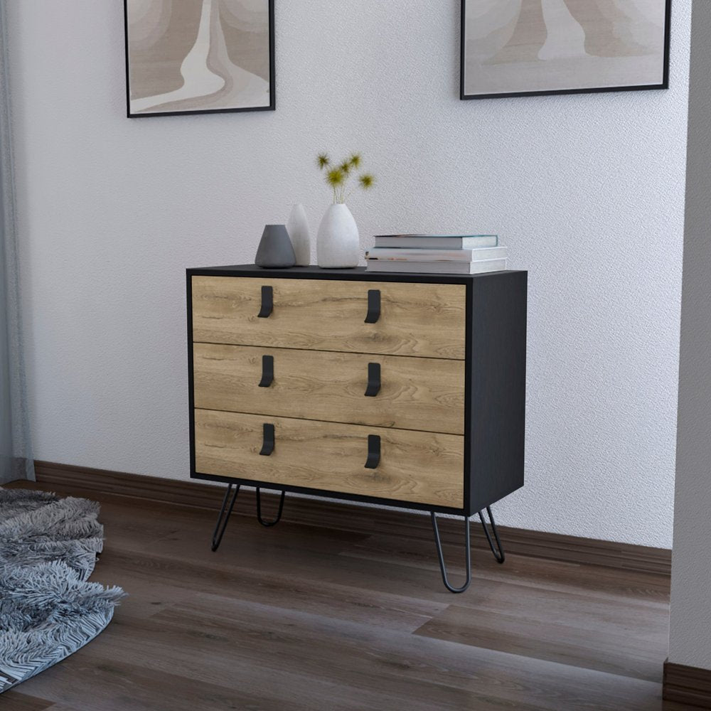 Natural and Black Wood Three Drawer Dresser - 32-inch