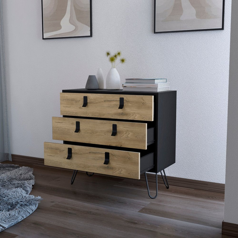 Natural and Black Wood Three Drawer Dresser - 32-inch