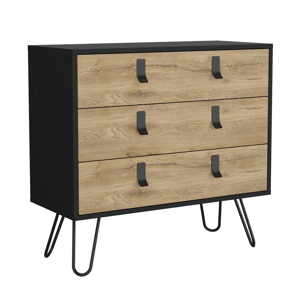 Natural and Black Wood Three Drawer Dresser - 32-inch