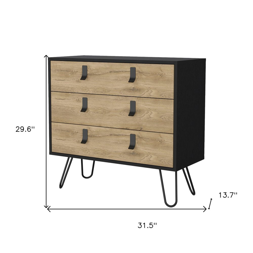 Natural and Black Wood Three Drawer Dresser - 32-inch
