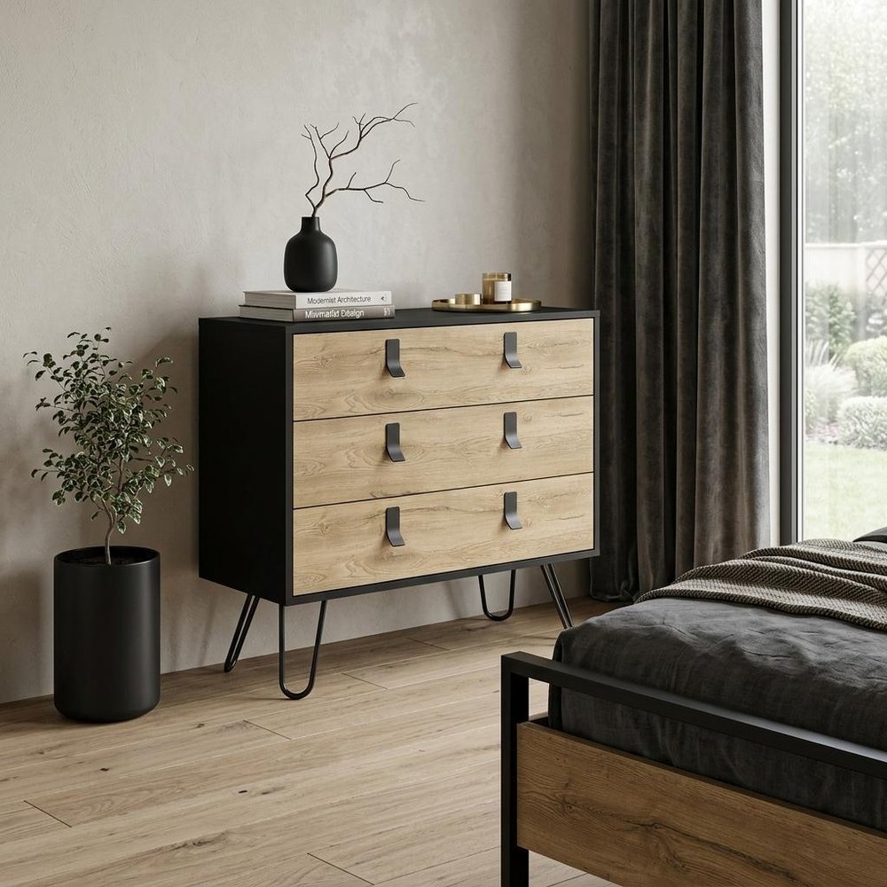 Natural and Black Wood Three Drawer Dresser - 32-inch