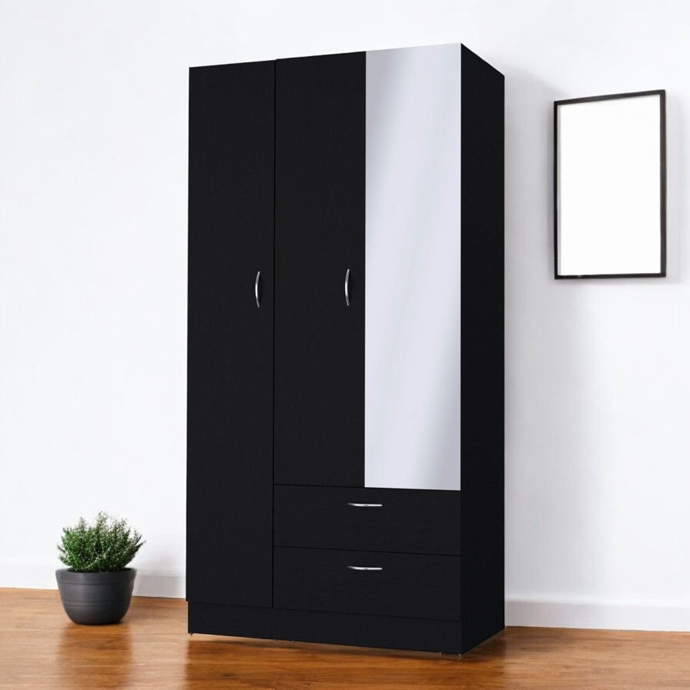 Black Wood Mirrored Two Door Two Drawer Combo Dresser - 71-inch