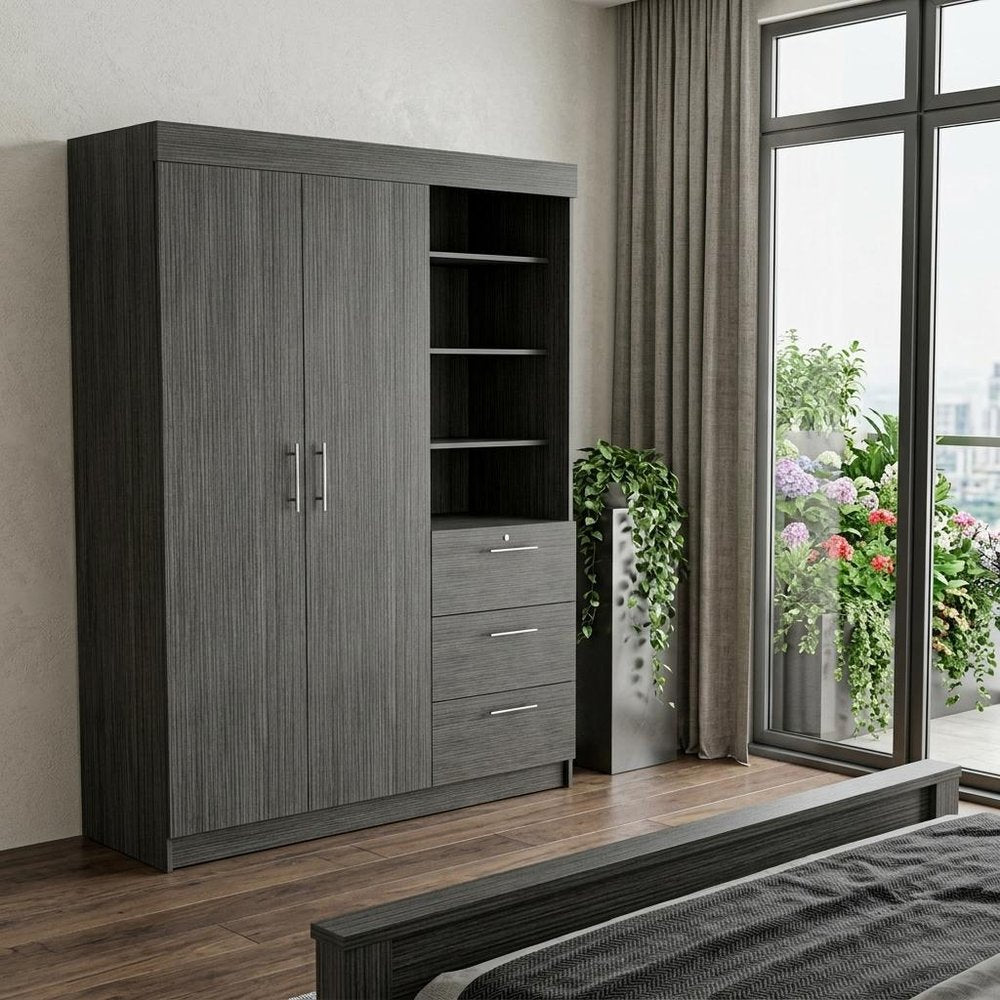Gray Wood Two Door Three Drawer Combo Dresser - 79-inch