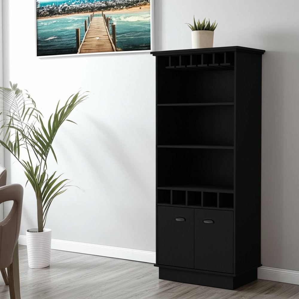 Black Wood Bar Cabinet with Two Doors - 70-inch