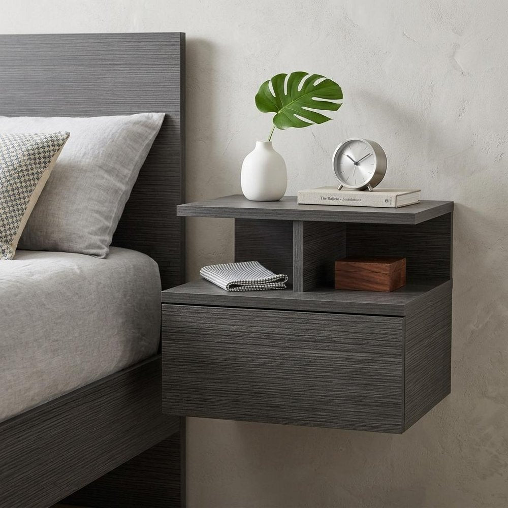 Gray Wood One Drawer Floating Nightstand - 12-inch