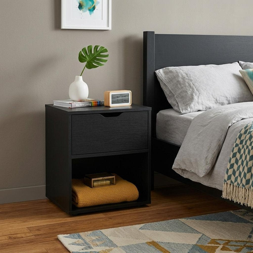 Black Wood One Drawer Nightstand - 20-inch