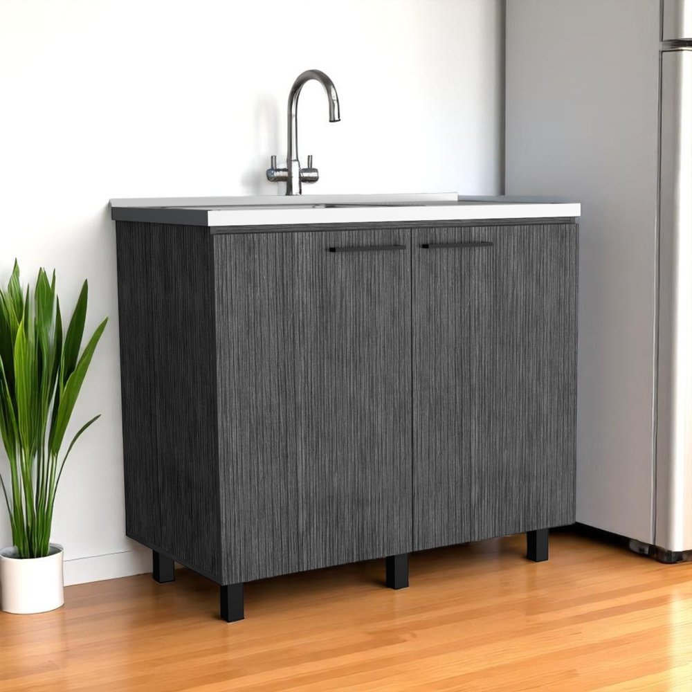 Gray and Silver Stainless Steel and Wood Utility Cabinet with Sink