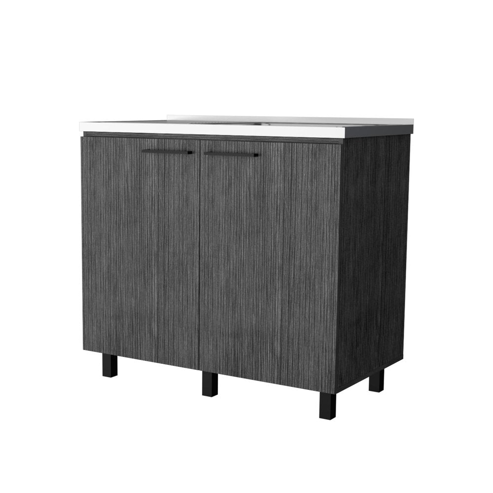 Gray and Silver Stainless Steel and Wood Utility Cabinet with Sink