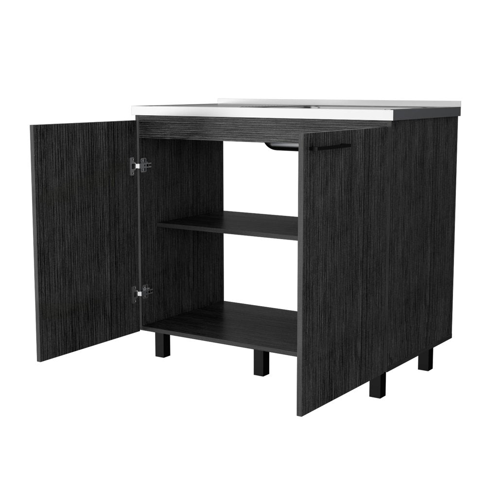 Gray and Silver Stainless Steel and Wood Utility Cabinet with Sink