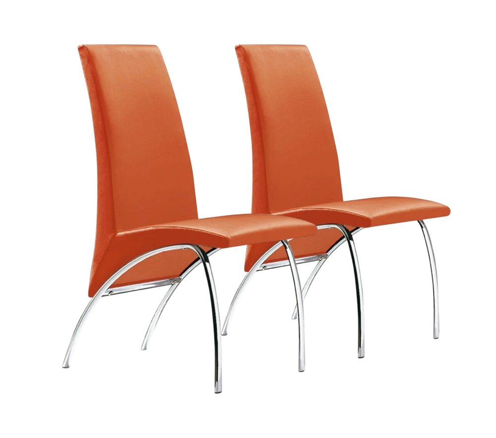 Set of Two Orange and Silver Upholstered Faux Leather Dining Side Chairs
