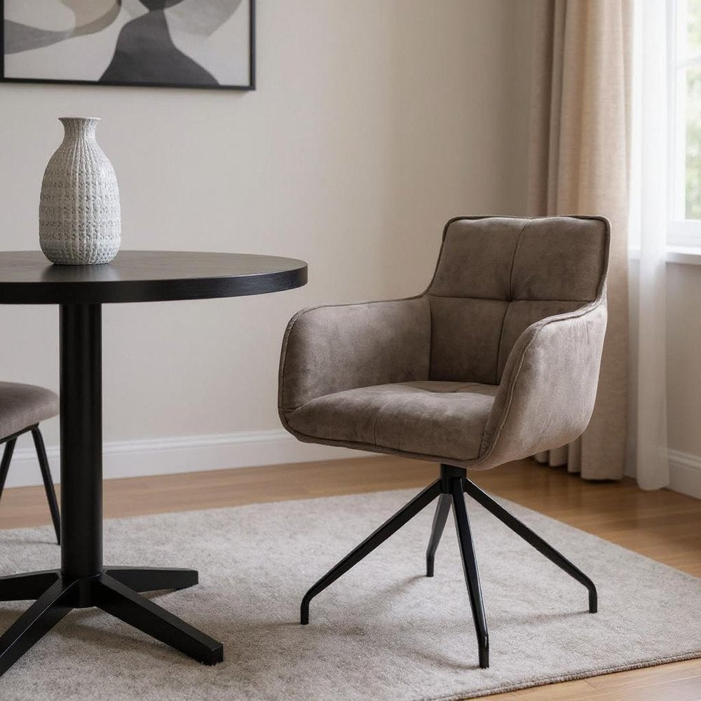 Dark Brown and Black Fabric Swivel Dining Arm Chair