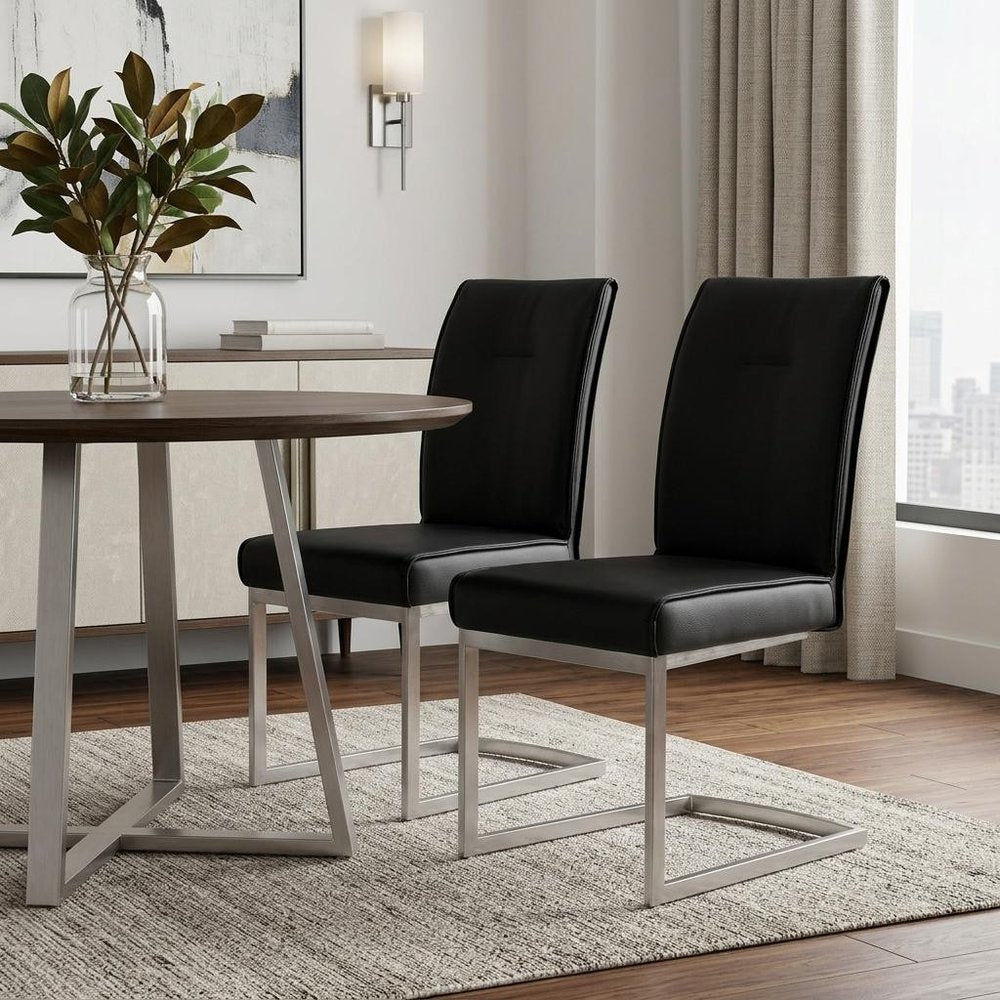 Set of Two Black and Silver Faux Leather Dining Side Chairs