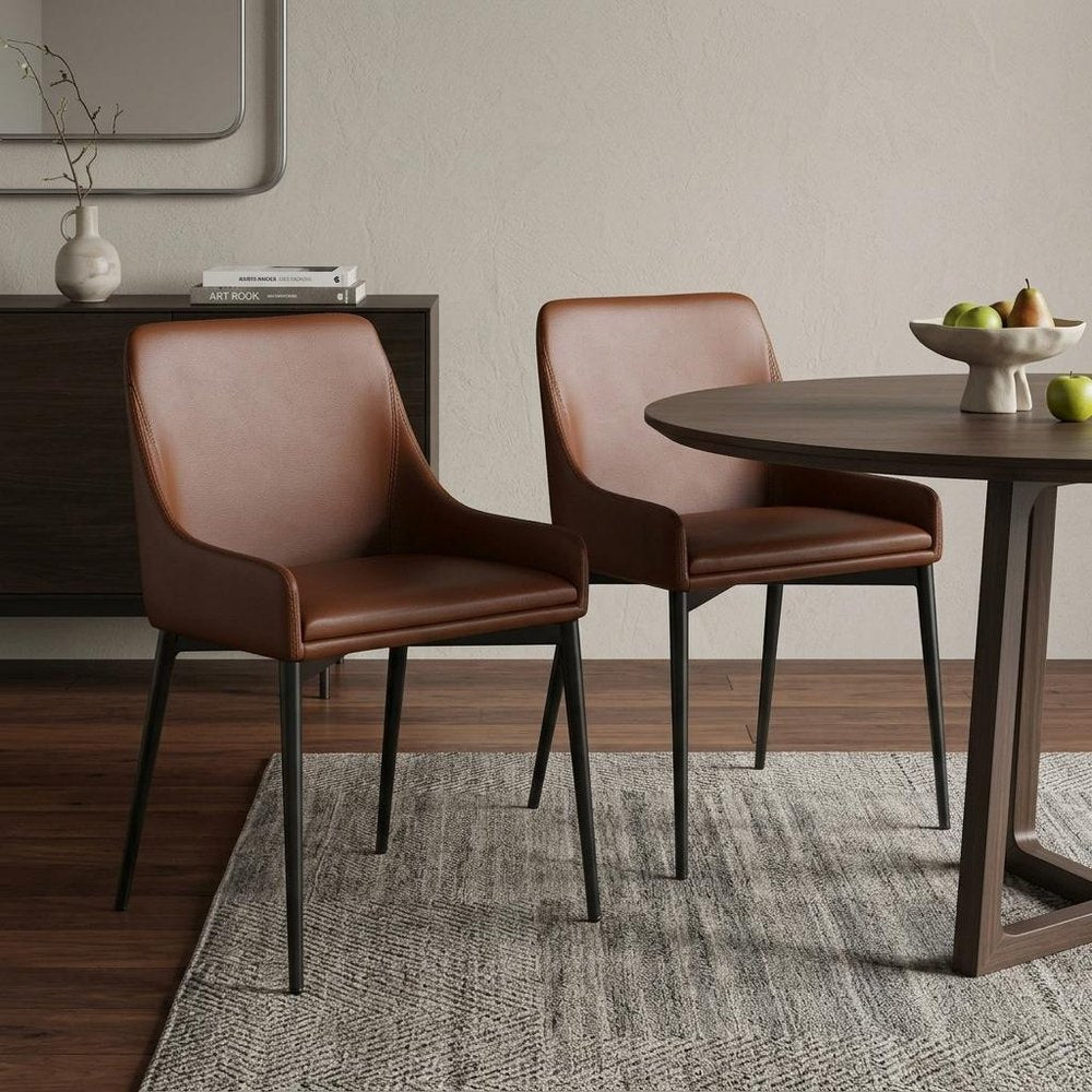 Set of Two Chestnut and Black Faux Leather Dining Side Chairs