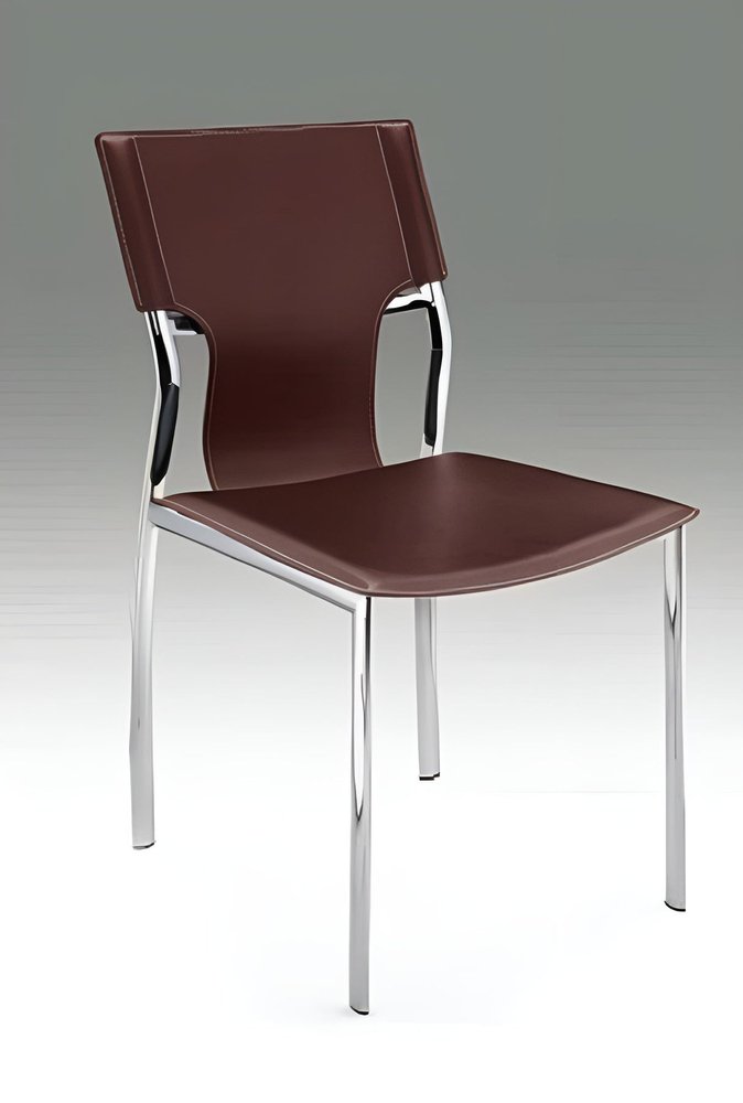 Set of Four Dark Brown and Silver Metal and Leather Dining Side Chairs