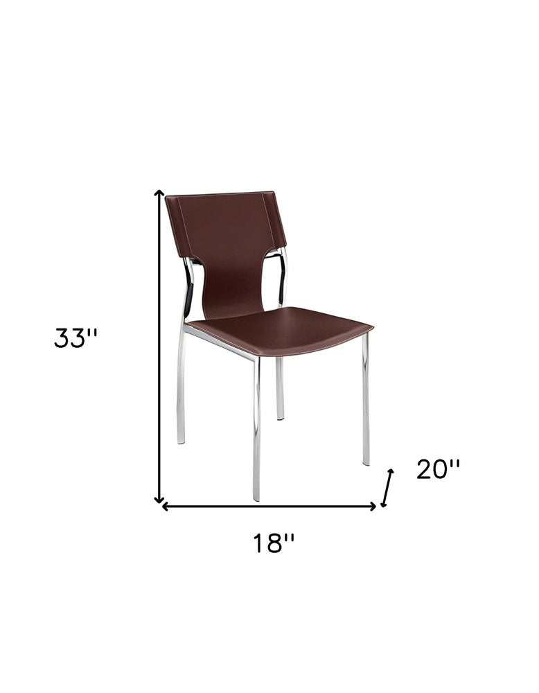 Set of Four Dark Brown and Silver Metal and Leather Dining Side Chairs