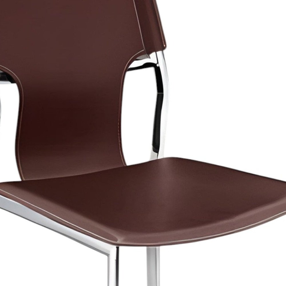 Set of Four Dark Brown and Silver Metal and Leather Dining Side Chairs