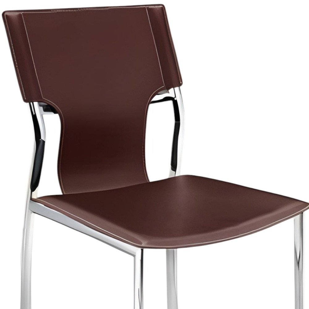 Set of Four Dark Brown and Silver Metal and Leather Dining Side Chairs