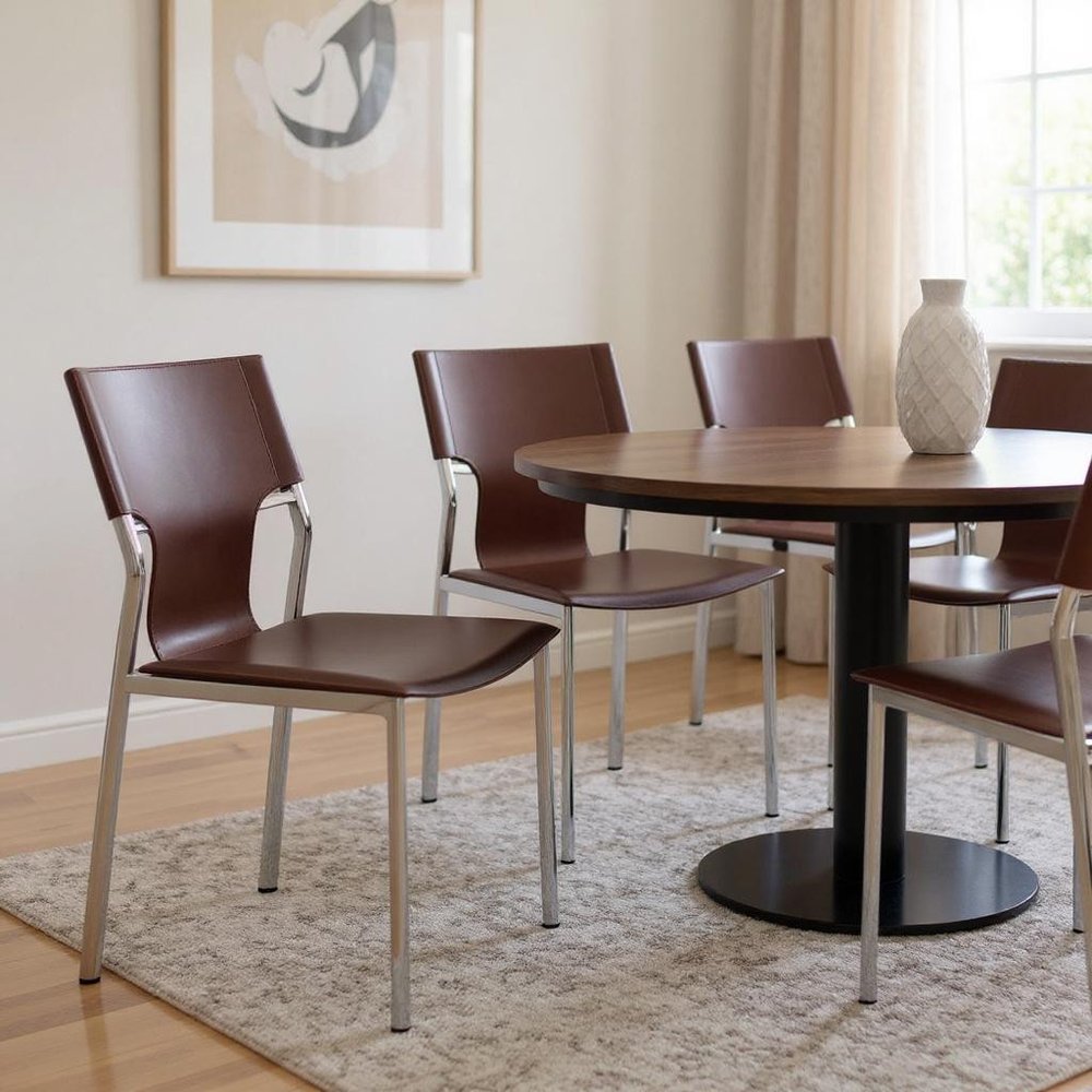 Set of Four Dark Brown and Silver Metal and Leather Dining Side Chairs