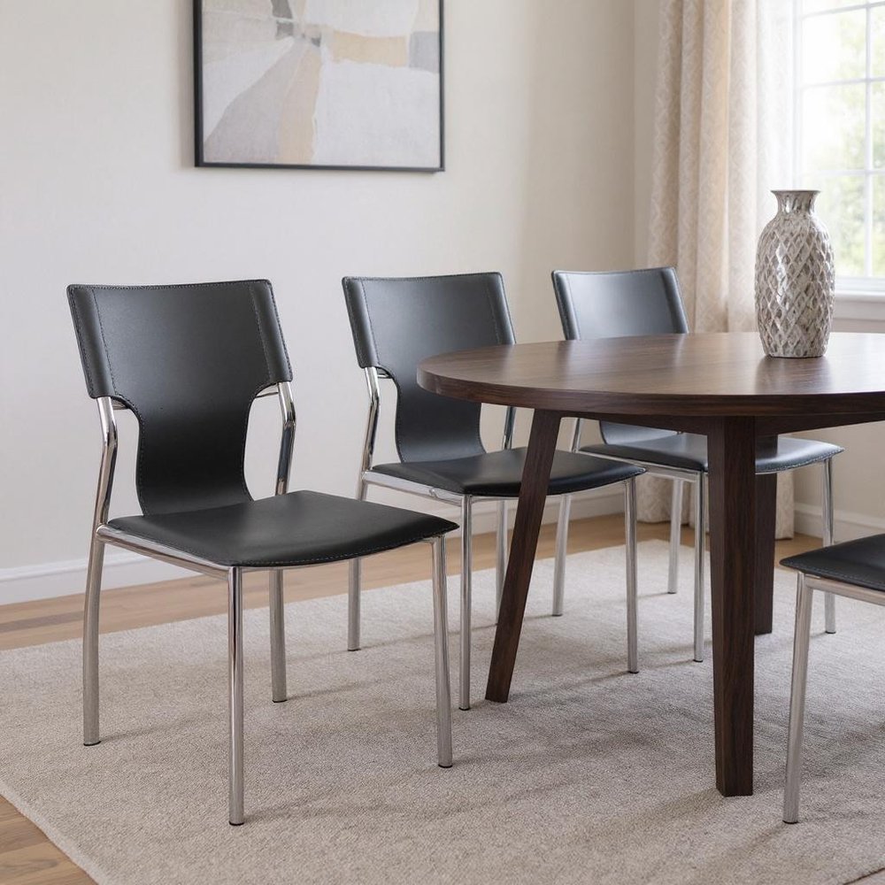 Set of Four Gray and Silver Metal and Leather Dining Side Chairs