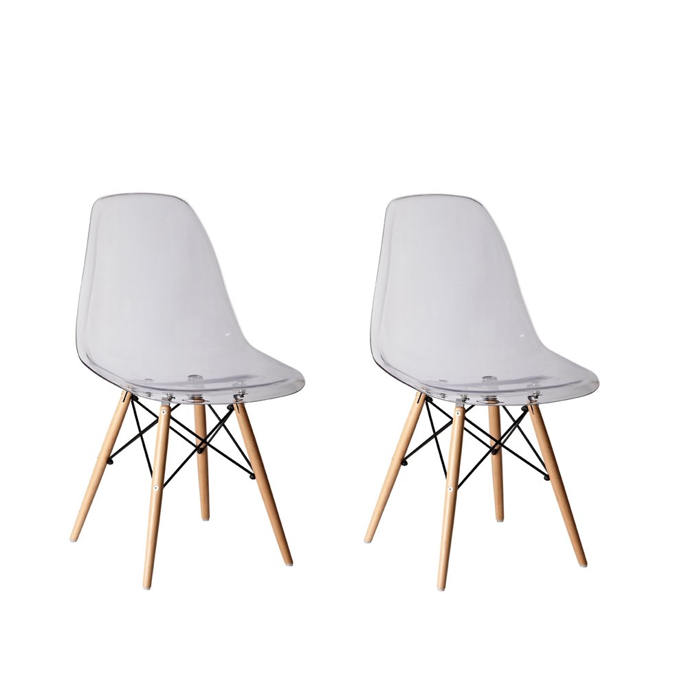 Set of Two Clear and Natural Wood and Heavy Duty Plastic Dining Side Chairs