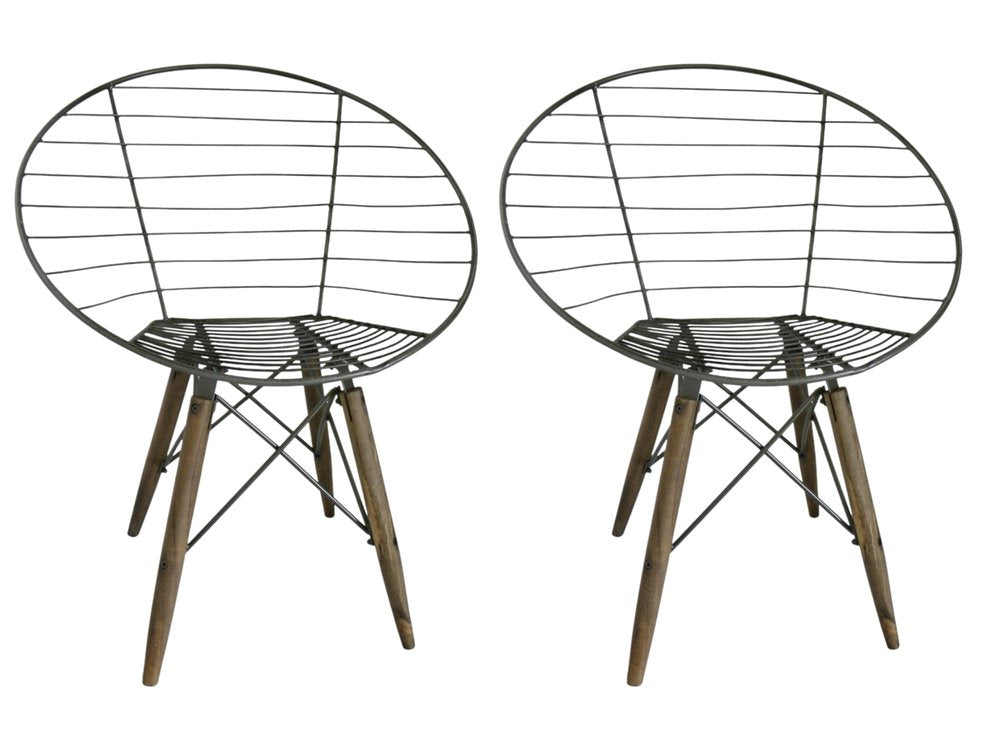 Set of Two Gray and Brown Metal Open Back Dining Arm Chairs