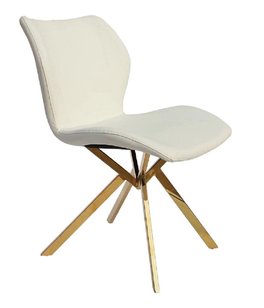 Set of Four White and Gold Faux Leather Dining Side Chairs