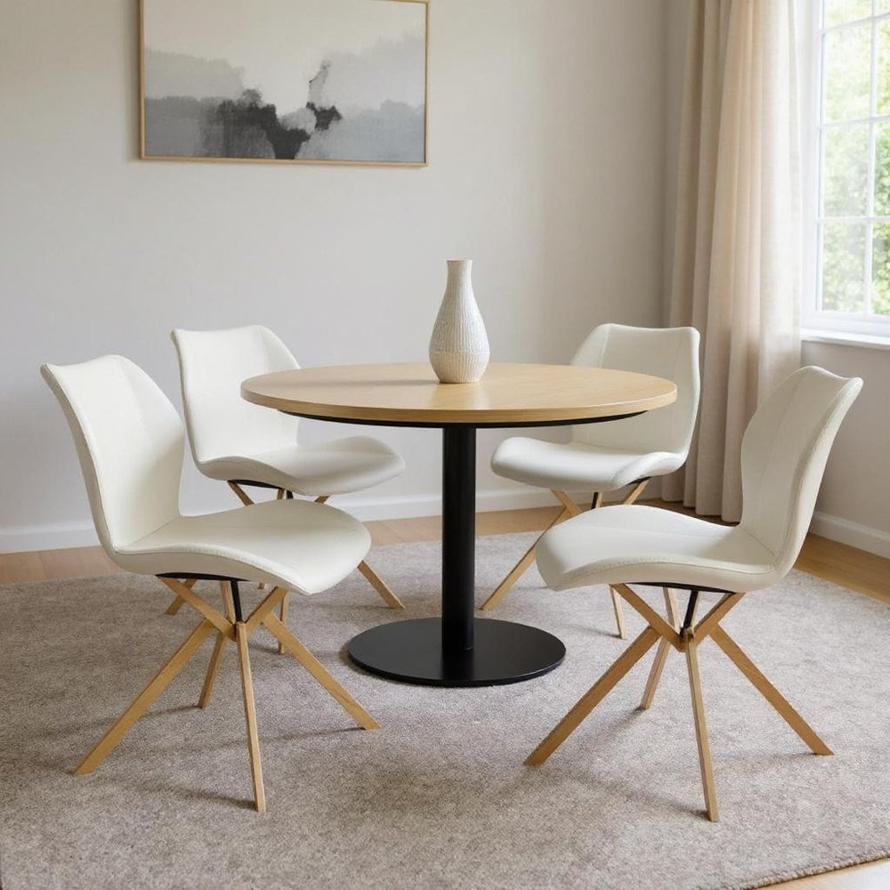 Set of Four White and Gold Faux Leather Dining Side Chairs