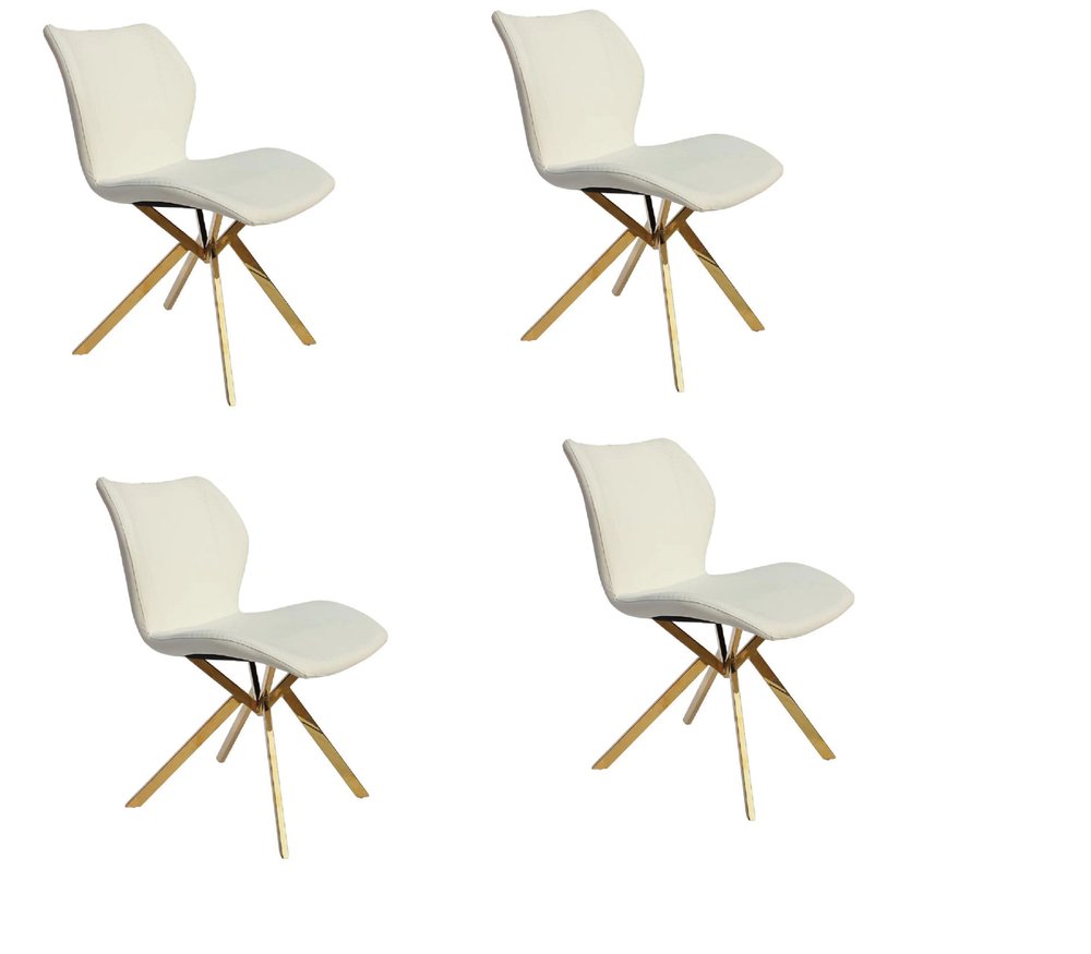 Set of Four White and Gold Faux Leather Dining Side Chairs
