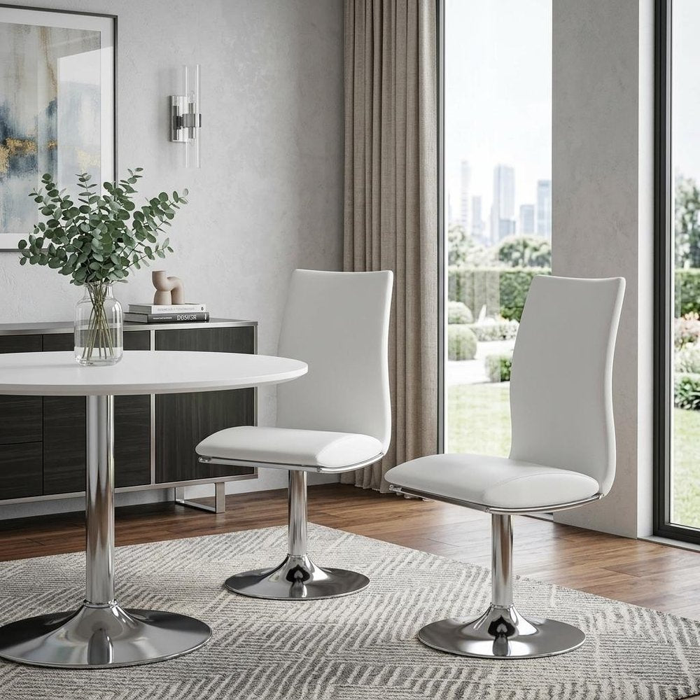 Set of Two White and Silver Faux Leather Dining Side Chairs