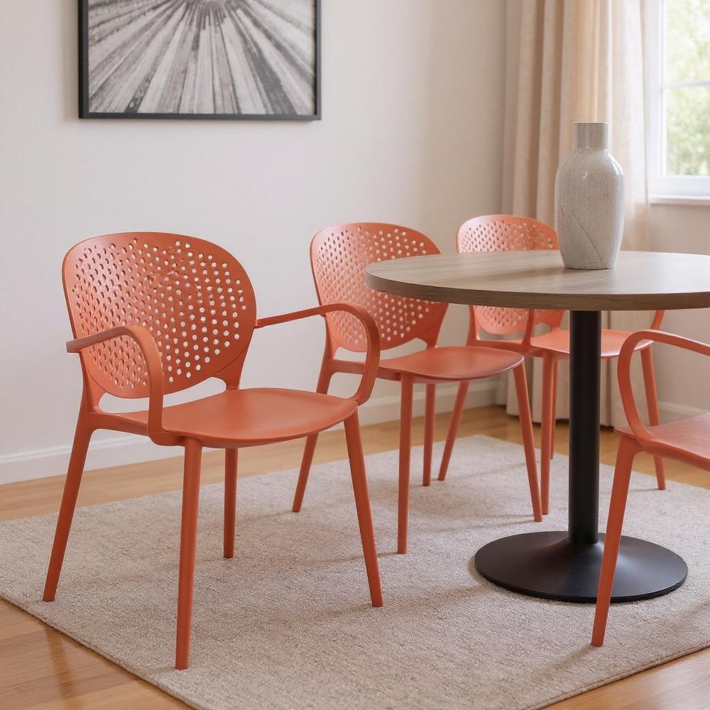 Set of Four Orange Heavy Duty Plastic Dining Arm Chairs