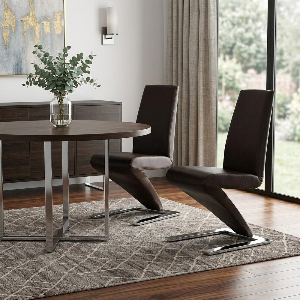 Set of Two Brown and Silver Faux Leather Dining Side Chairs