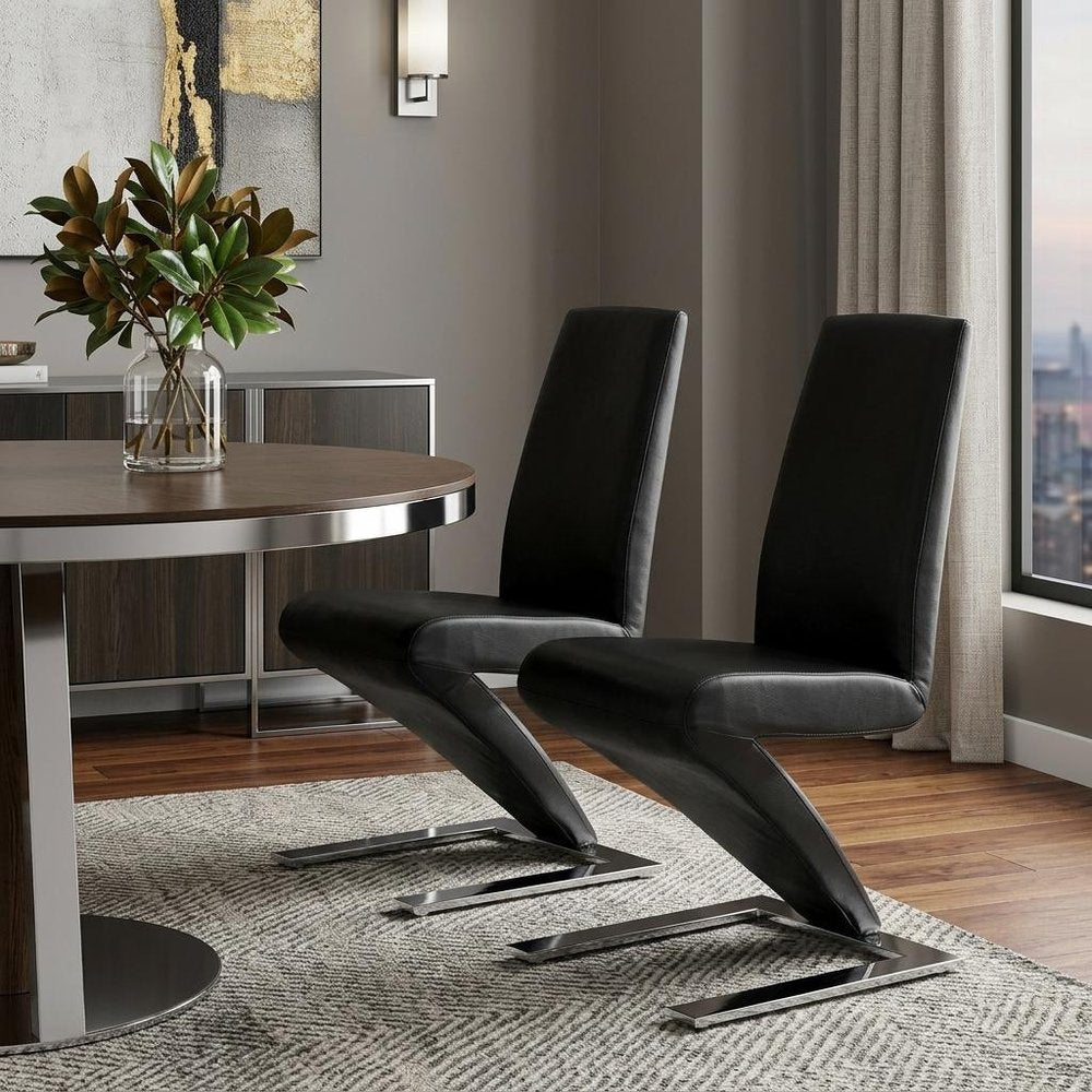 Set of Two Black and Silver Faux Leather Dining Side Chairs