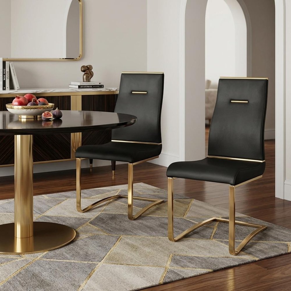 Set of Two Black and Gold Faux Leather Dining Side Chairs
