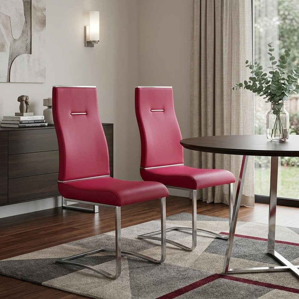 Set of Two Red and Silver Faux Leather Dining Side Chairs