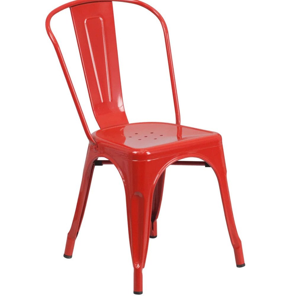 Set of Four Red Metal Open Back Dining Side Chairs