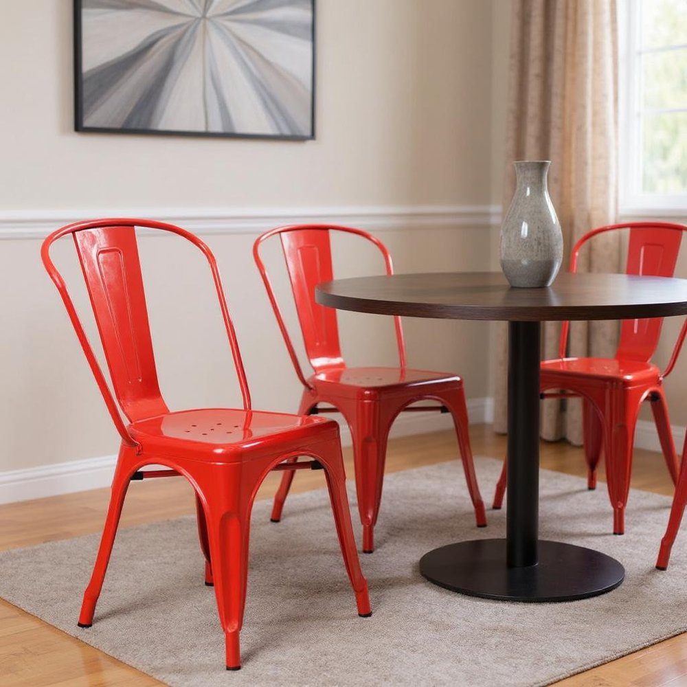 Set of Four Red Metal Open Back Dining Side Chairs