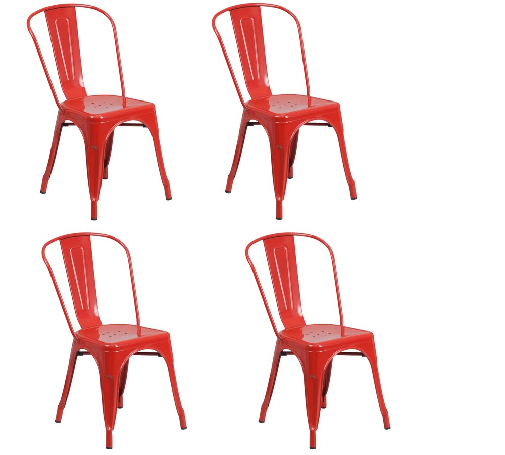 Set of Four Red Metal Open Back Dining Side Chairs