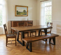 Six Piece Brown and Black Solid Wood Dining Set with Four Chairs and One Bench