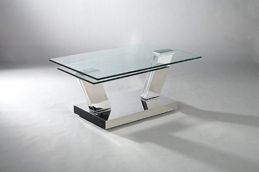 Clear and Silver Glass and Stainless Steel Floor Shelf Coffee Table