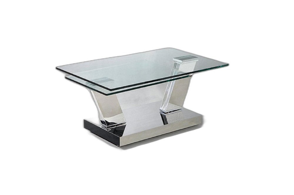 Clear and Silver Glass and Stainless Steel Floor Shelf Coffee Table