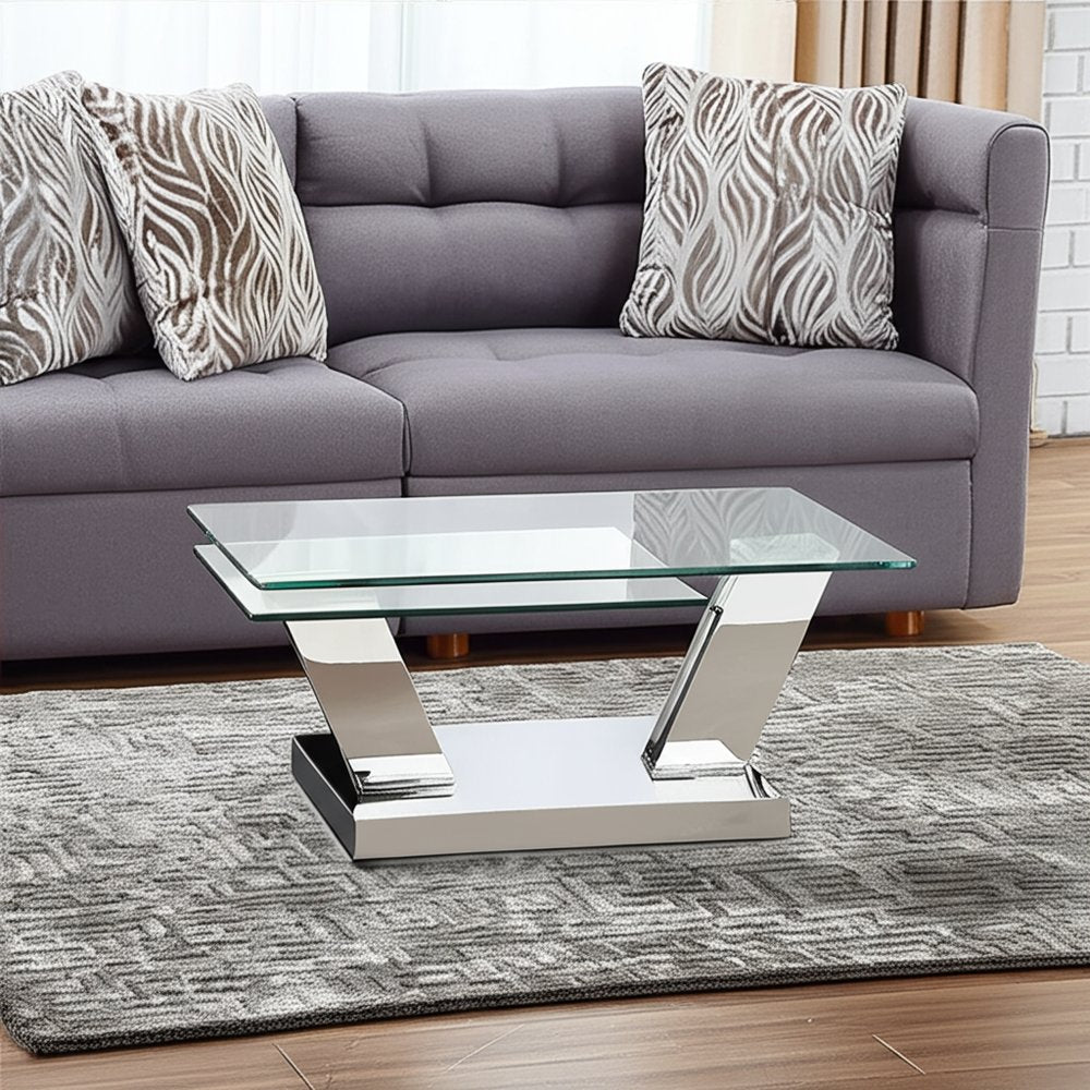 Clear and Silver Glass and Stainless Steel Floor Shelf Coffee Table